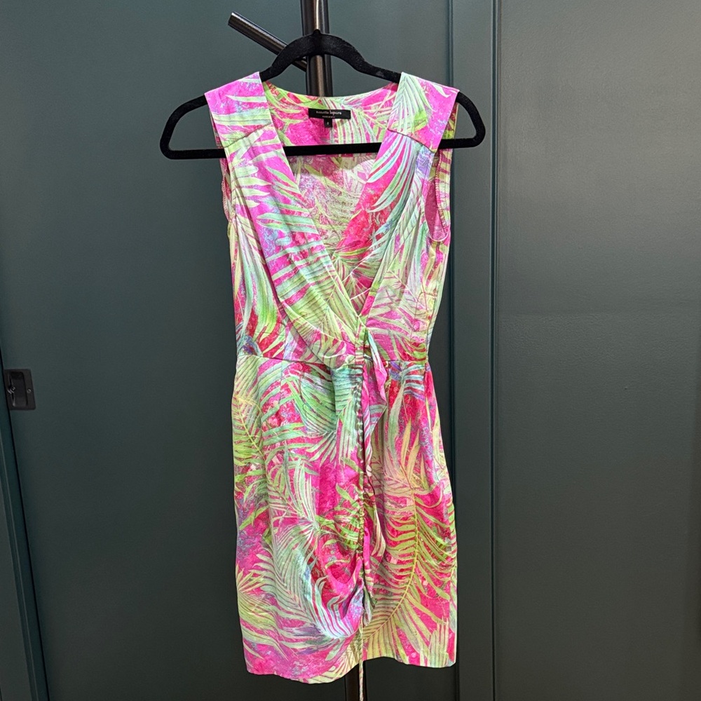 Nanette Lepore Pink and Green Tropical Faux-Wrap Mini Dress